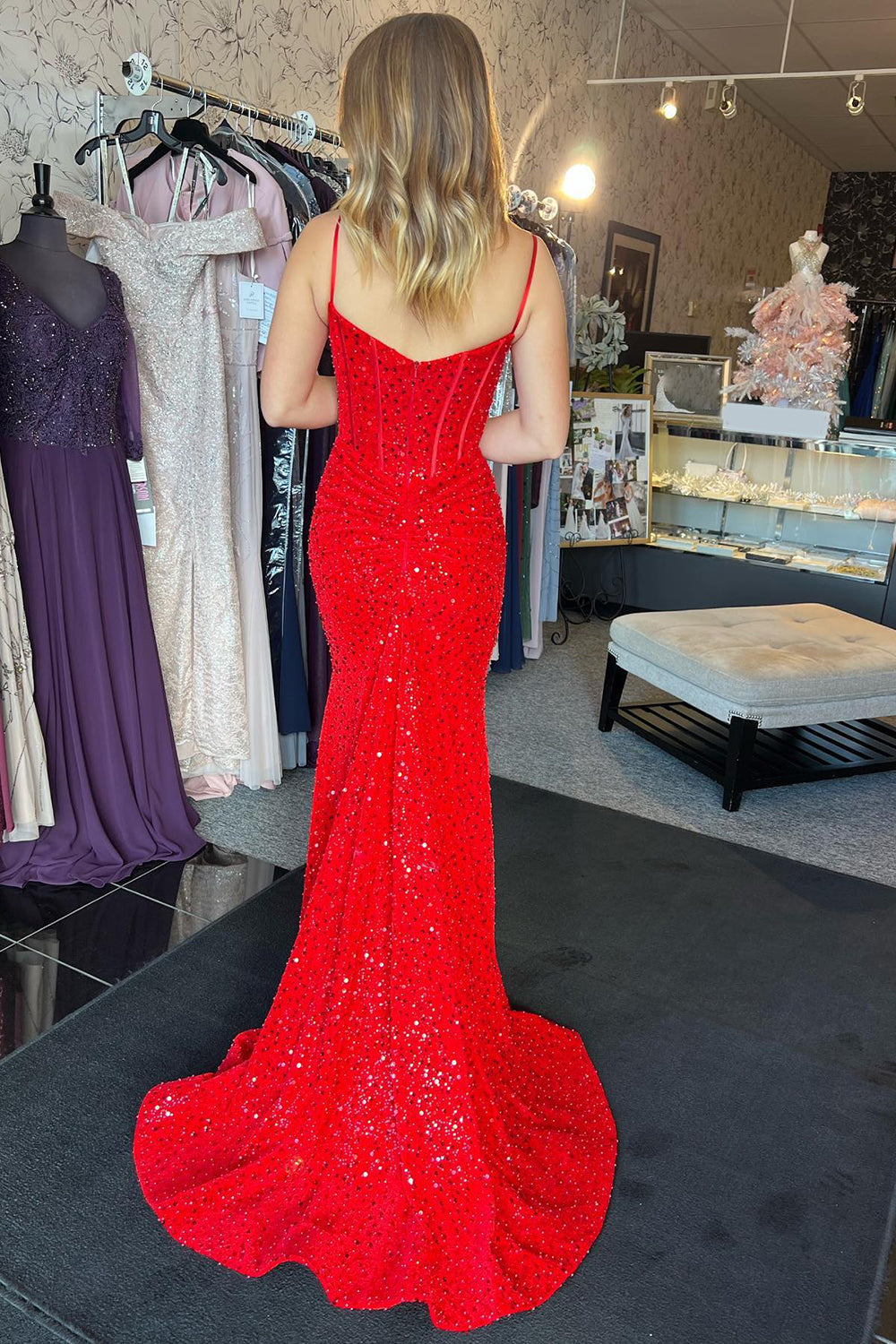 Spaghetti Straps Sequins Mermaid Long Corset Prom Dress with Slit