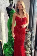 Spaghetti Straps Sequins Mermaid Long Corset Prom Dress with Slit