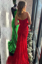 Spaghetti Straps Sequins Mermaid Long Corset Prom Dress with Slit