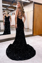 Vestido largo de fiesta sin espalda con lentejuelas de sirena azul brillante