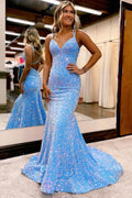 Vestido largo de fiesta sin espalda con lentejuelas de sirena azul brillante