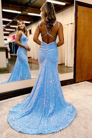 Vestido largo de fiesta sin espalda con lentejuelas de sirena azul brillante