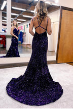 Vestido largo de fiesta sin espalda con lentejuelas de sirena azul brillante