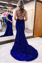 Vestido largo de fiesta sin espalda con lentejuelas de sirena azul brillante