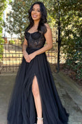 Vestido de fiesta de tul con corsé, escote corazón y corte en A con abertura