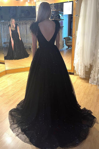 A-Line V Neck Sequined Tulle Prom Dress with Slit