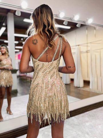 Robe courte moulante à sequins bleu pailleté asymétrique et franges