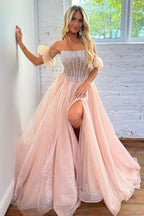 Vestido de fiesta de organza color rosa rubor sin tirantes, corte en A