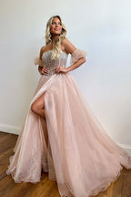 Vestido de fiesta de organza color rosa rubor sin tirantes, corte en A