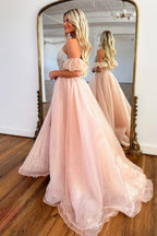 Vestido de fiesta de organza color rosa rubor sin tirantes, corte en A