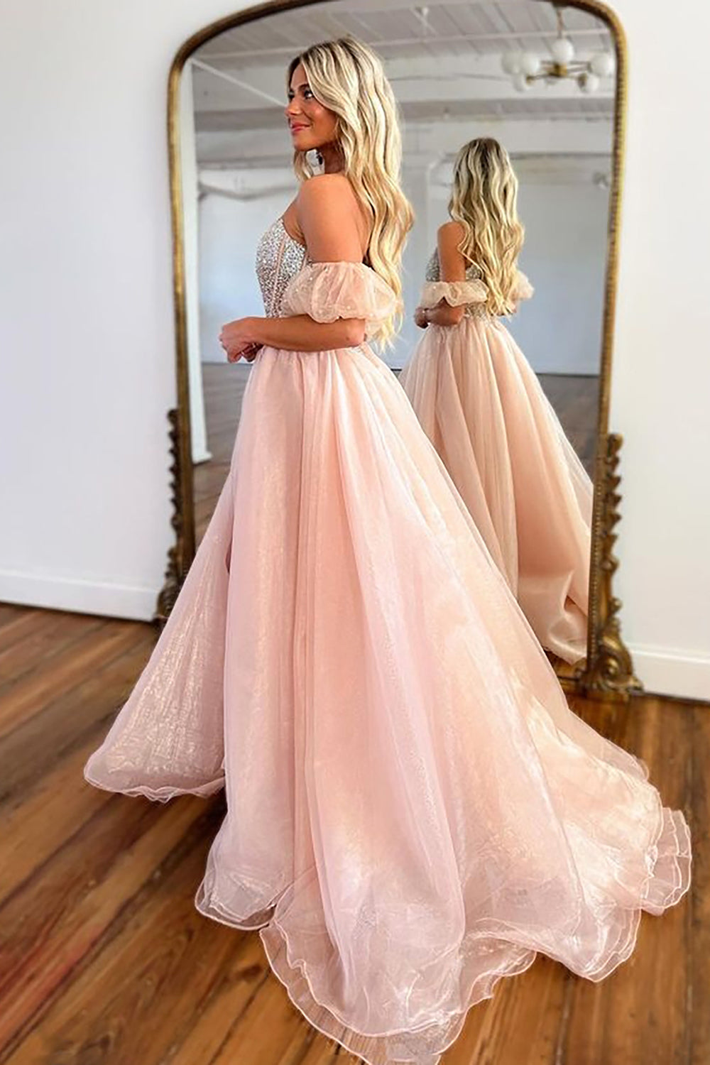 Vestido de fiesta de organza color rosa rubor sin tirantes, corte en A