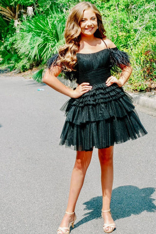 Vestido de fiesta de línea A, rosa, de tul brillante con plumas