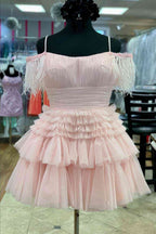 Vestido de fiesta de línea A, rosa, de tul brillante con plumas