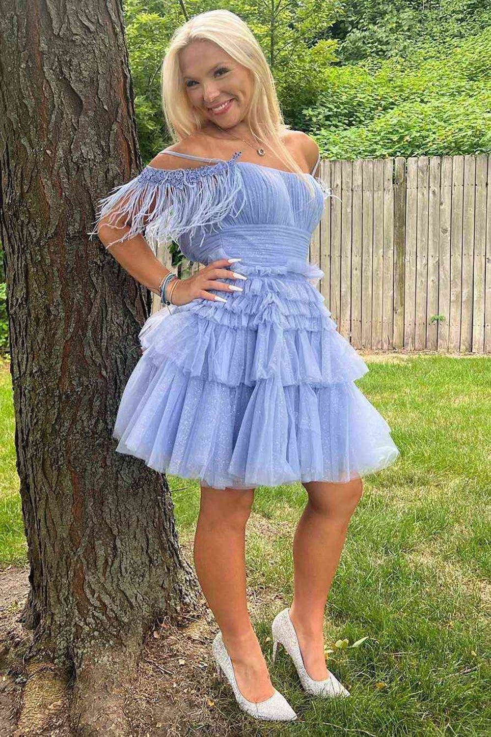 Vestido de fiesta de línea A, rosa, de tul brillante con plumas