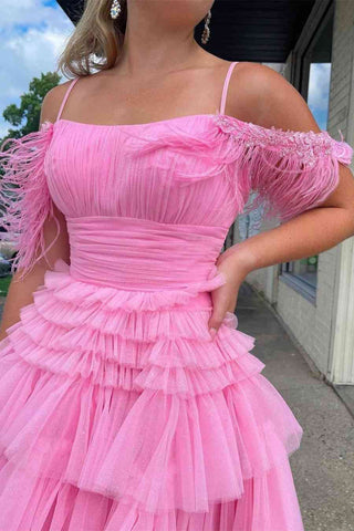 Vestido de fiesta de línea A, rosa, de tul brillante con plumas