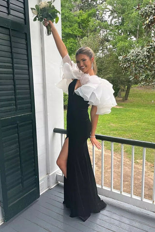 Robe de bal sirène en velours à col V et fente