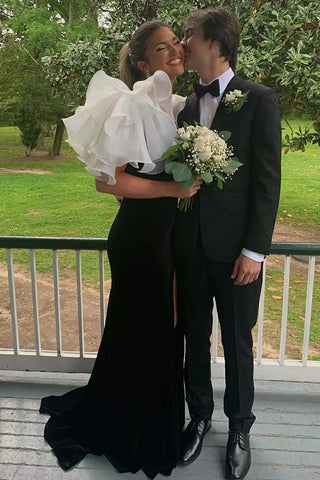 Robe de bal sirène en velours à col V et fente