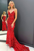 Alexa | Vestido largo de fiesta de lentejuelas estilo sirena con cola de barrido