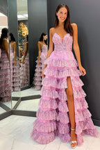 Vestido de fiesta de tul estampado con tirantes finos, corte en A y volantes