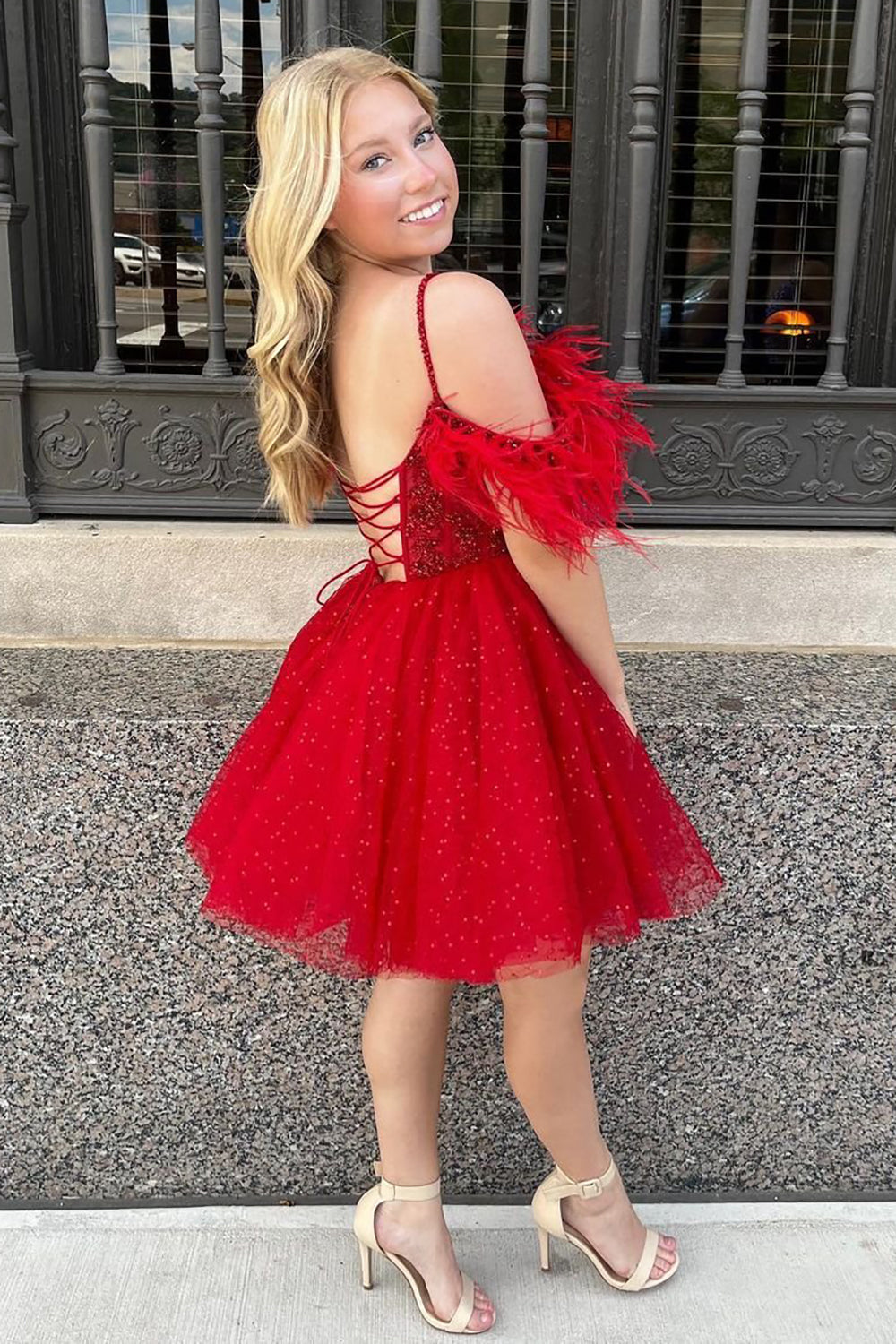 Anna | Vestido de fiesta de línea A con corsé de tul brillante y plumas