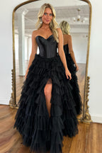 Vestido de graduación de tul con escote corazón y corte en A con abertura