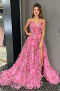 Vestido de fiesta de tul estampado floral con escote corazón y corte en A con abertura