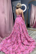 Vestido de fiesta de tul estampado floral con escote corazón y corte en A con abertura