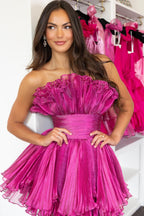 Chic Fuchsia Strapless A Line Short Homecoming Dress with Ruffles