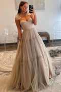 Khaki A-Line Spaghetti Straps Tulle Long Prom Dress with Bows