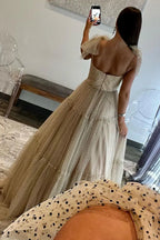 Khaki A-Line Spaghetti Straps Tulle Long Prom Dress with Bows