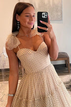 Khaki A-Line Spaghetti Straps Tulle Long Prom Dress with Bows