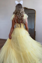 Khaki A-Line Spaghetti Straps Tulle Long Prom Dress with Bows