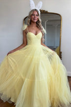 Khaki A-Line Spaghetti Straps Tulle Long Prom Dress with Bows
