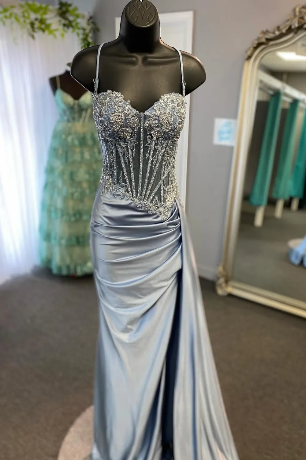 Trendy Silver Spaghetti Straps Satin Mermaid Long Corset Prom Dress with Appliques