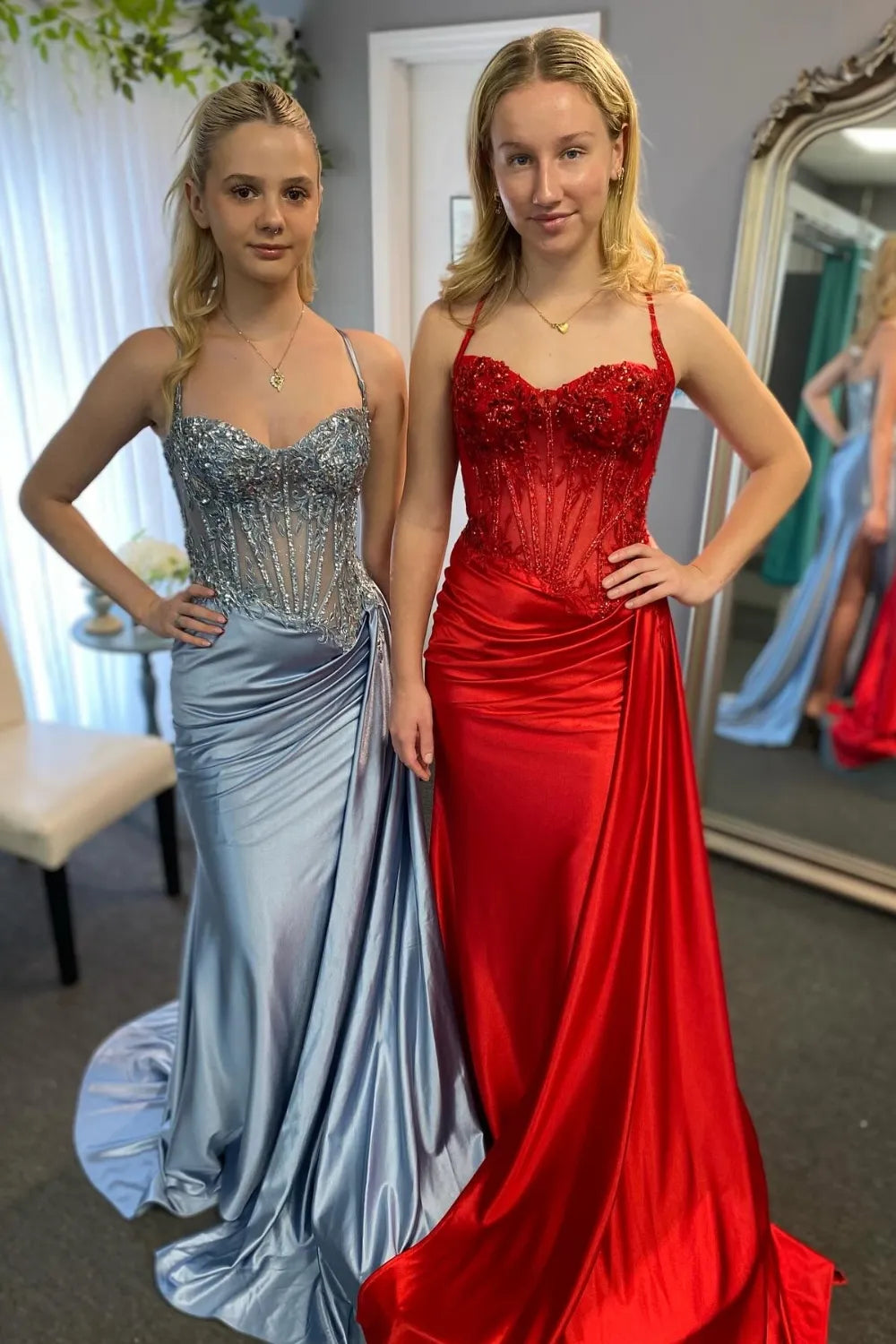 Trendy Silver Spaghetti Straps Satin Mermaid Long Corset Prom Dress with Appliques