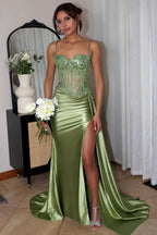 Trendy Silver Spaghetti Straps Satin Mermaid Long Corset Prom Dress with Appliques