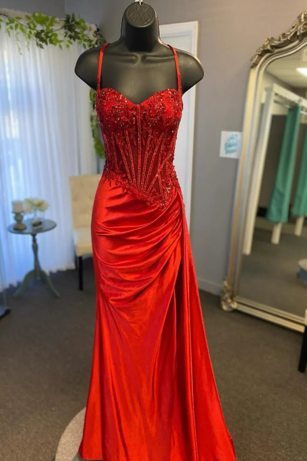 Trendy Silver Spaghetti Straps Satin Mermaid Long Corset Prom Dress with Appliques
