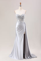 Trendy Silver Spaghetti Straps Satin Mermaid Long Corset Prom Dress with Appliques