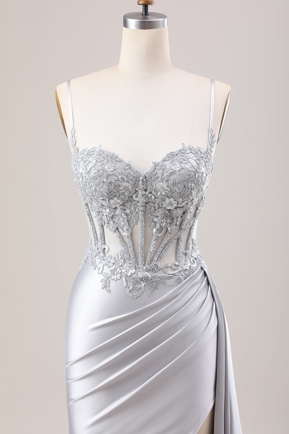 Trendy Silver Spaghetti Straps Satin Mermaid Long Corset Prom Dress with Appliques