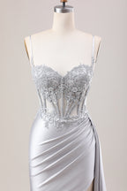 Trendy Silver Spaghetti Straps Satin Mermaid Long Corset Prom Dress with Appliques