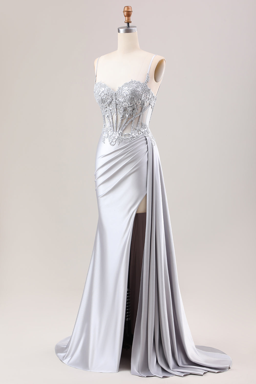 Trendy Silver Spaghetti Straps Satin Mermaid Long Corset Prom Dress with Appliques