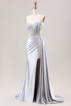 Trendy Silver Spaghetti Straps Satin Mermaid Long Corset Prom Dress with Appliques