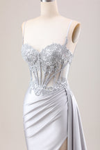 Trendy Silver Spaghetti Straps Satin Mermaid Long Corset Prom Dress with Appliques