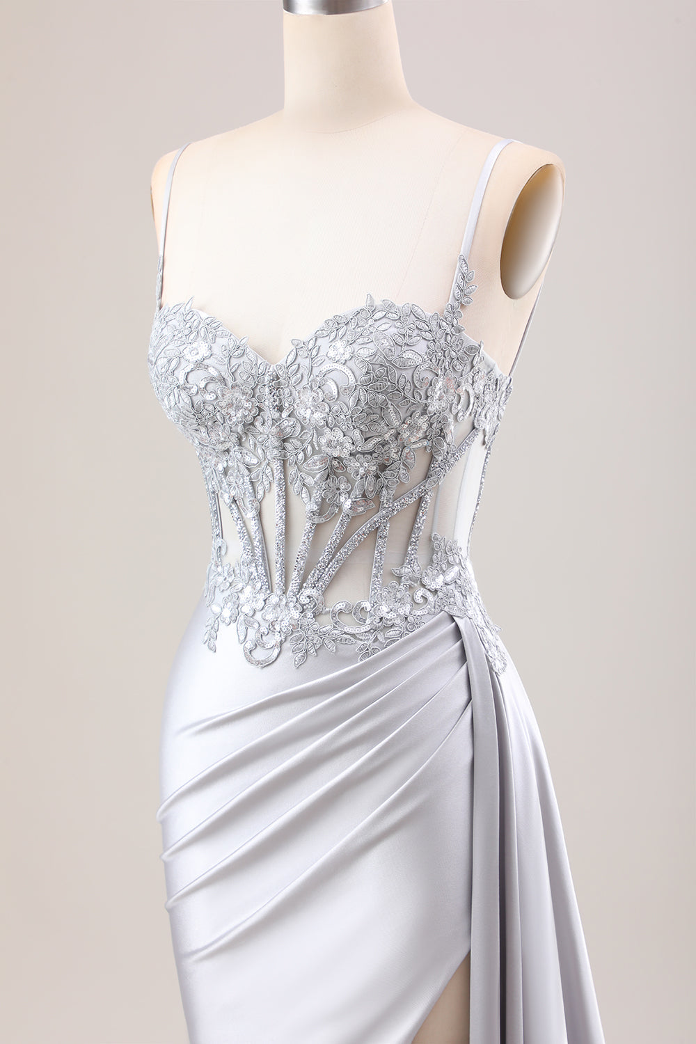 Trendy Silver Spaghetti Straps Satin Mermaid Long Corset Prom Dress with Appliques