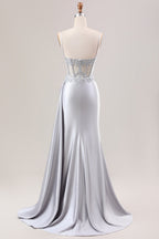 Trendy Silver Spaghetti Straps Satin Mermaid Long Corset Prom Dress with Appliques