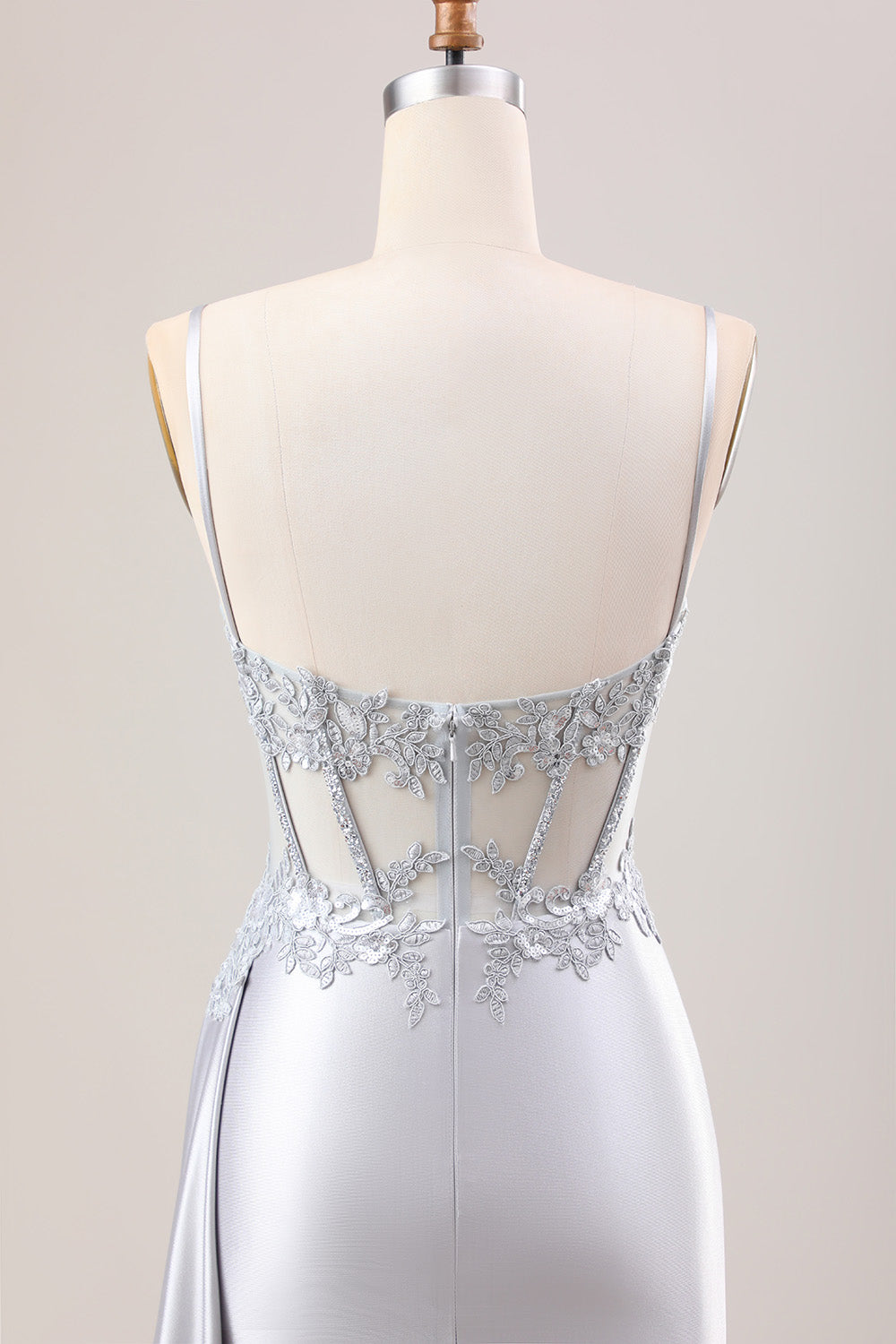 Trendy Silver Spaghetti Straps Satin Mermaid Long Corset Prom Dress with Appliques