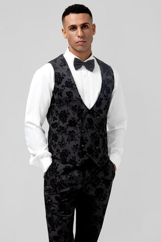 Costume trois pièces pour homme, coupe slim, col pointu, jacquard noir, idéal pour un bal de promo.