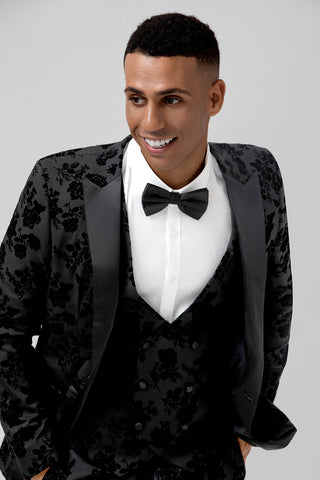 Costume trois pièces pour homme, coupe slim, col pointu, jacquard noir, idéal pour un bal de promo.