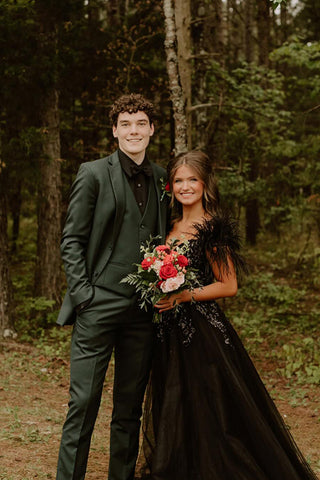 Costume trois pièces de bal de fin d'année pour homme, vert foncé, à revers cranté