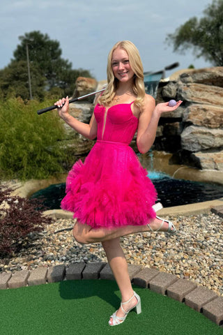 Princess A Line Spaghetti Straps Pink Corset Homecoming Dress with Ruffles